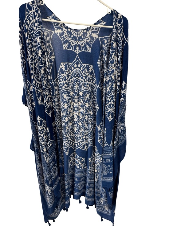 Other - Navy Blue & White Printed Kimono Cover-Up